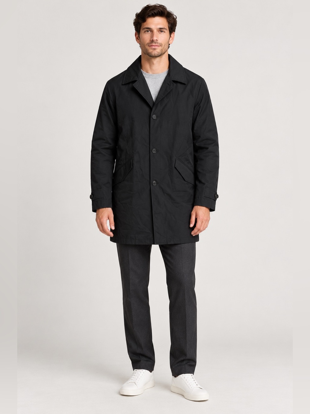 Theory Black Single Breasted Trench Coat Men’s Large Minimalist Jacket